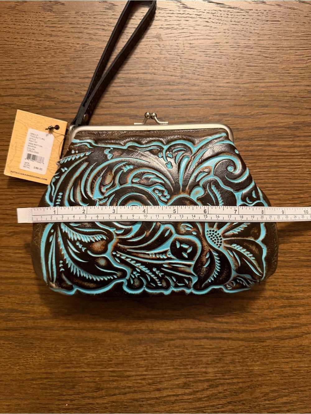 NWT Patricia Nash Savena Tooled Turquoise and Brown Embossed Leather Wristlet - Picture 3 of 5